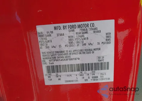 2008 Ford F-150 60Th Anniversary/Fx4/King Ranch/Lariat/Limited/Xlt from USA, damaged, VIN 1FTPW145X8FB81979